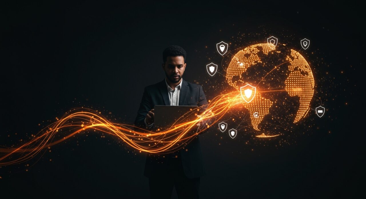 Founder de insurtech Qover con un globo digital protegido, simbolizando financiación de 12 millones y expansión global en fintech.