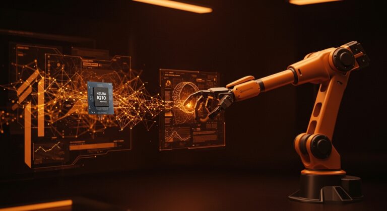 Robótica cognitiva con procesadores Qualcomm IQ10 en hardware avanzado para startups tecnológicas, ilustrando automatización con IA.