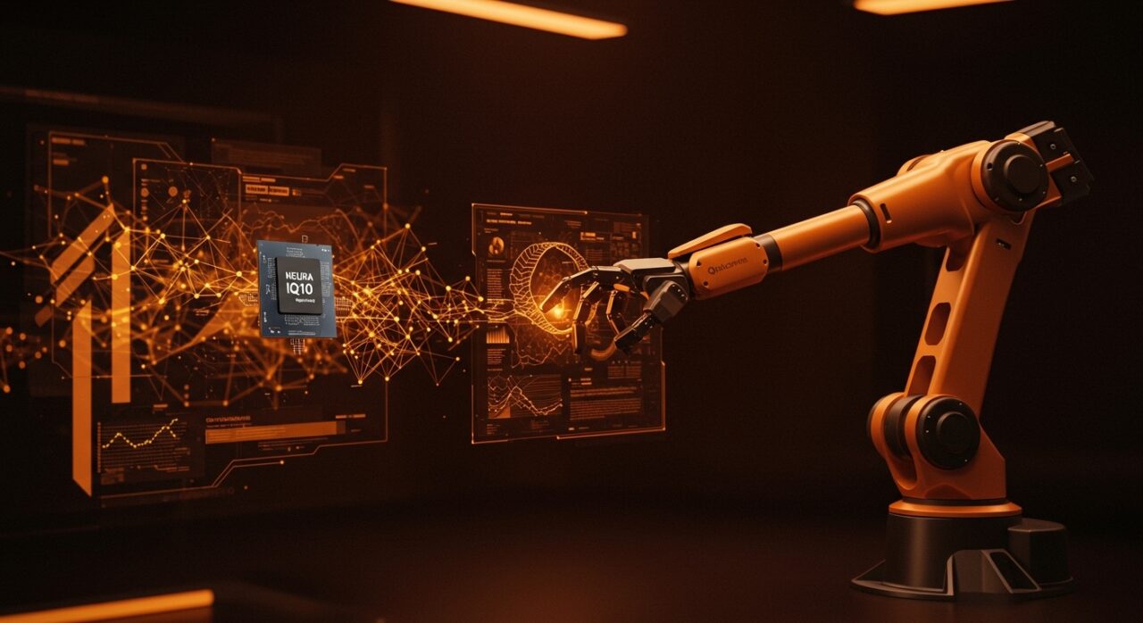 Robótica cognitiva con procesadores Qualcomm IQ10 en hardware avanzado para startups tecnológicas, ilustrando automatización con IA.