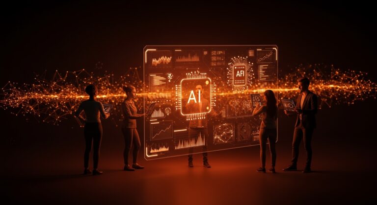 Usuarios de inteligencia artificial interactuando con datos digitales que representan tendencias, ética y libertad en la transformación digital.