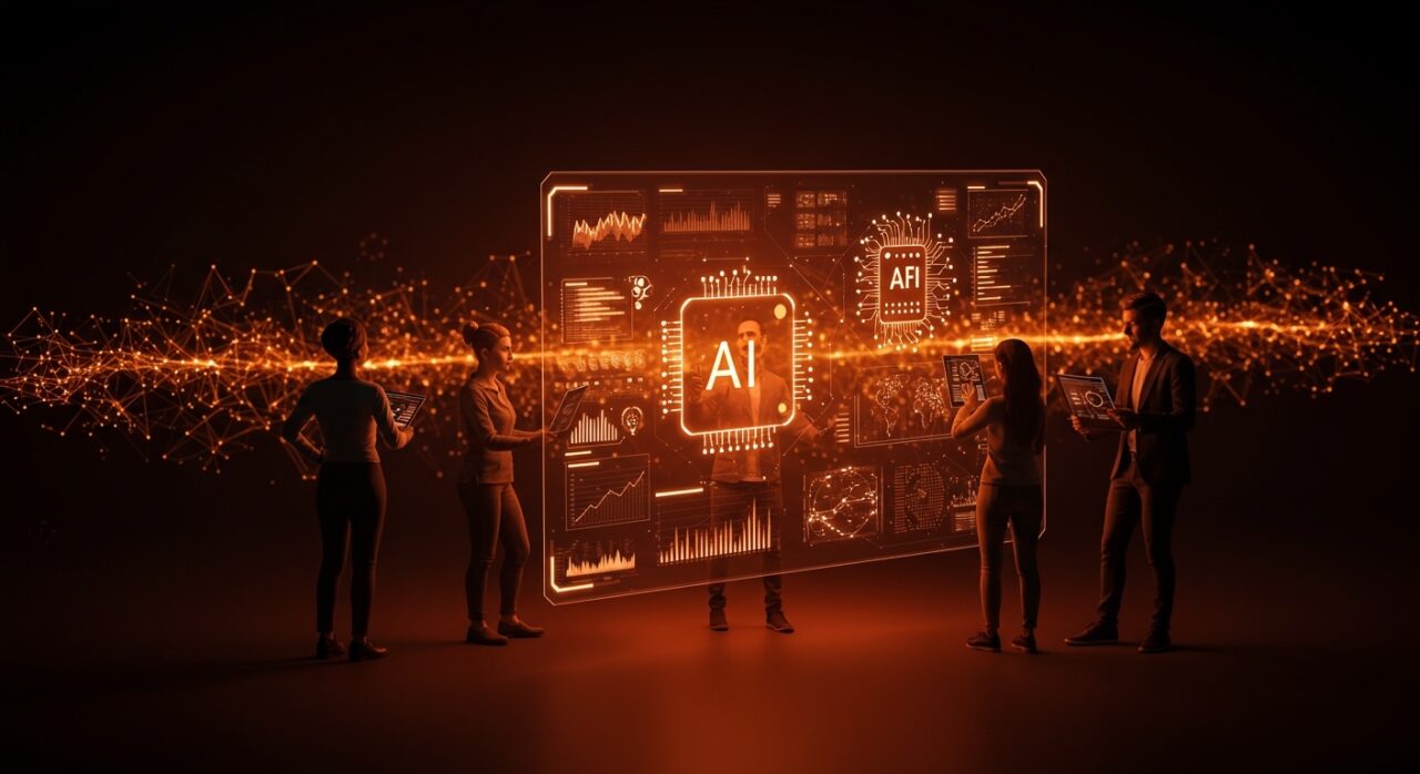 Usuarios de inteligencia artificial interactuando con datos digitales que representan tendencias, ética y libertad en la transformación digital.