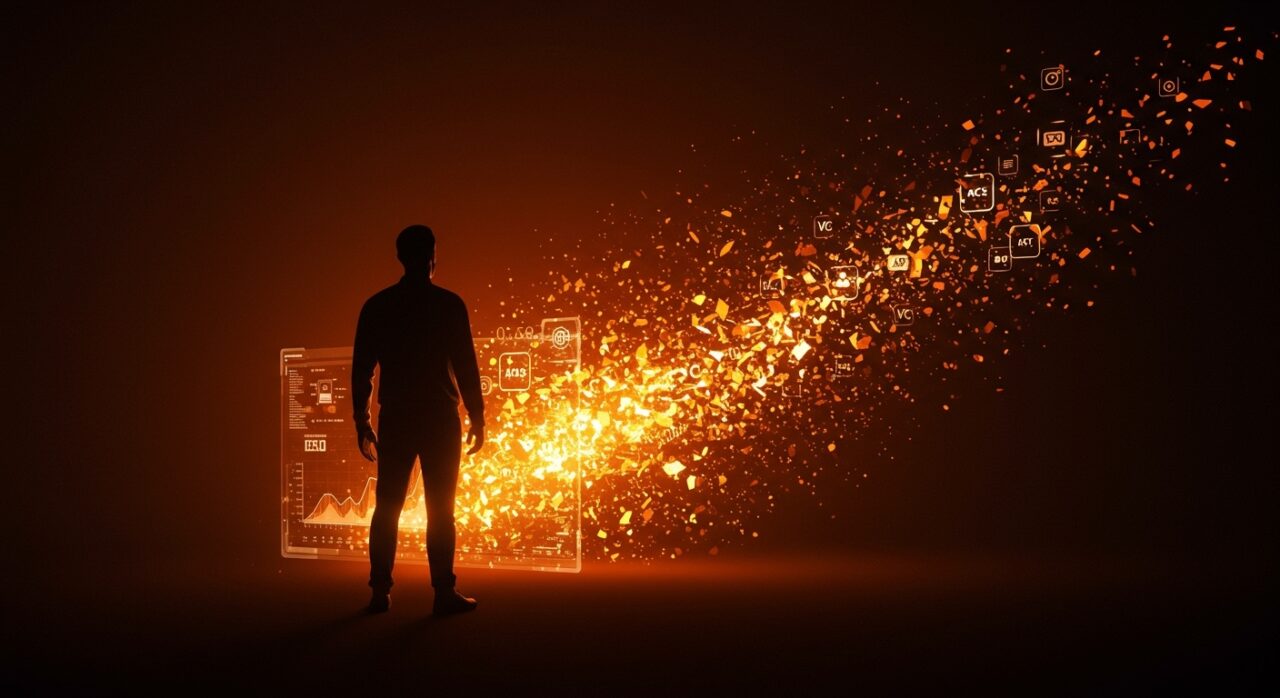 Tendencias de inversión en AI SaaS 2026 mostrando inversores de venture capital retirando capital de startups tecnológicas en ecosistema naranja y negro.