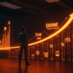 Fundadora de startup observando gráfico digital ascendente representando ronda de inversión Serie E de $500M y valoración de $10 mil millones de Quince en e-commerce lujo accesible.