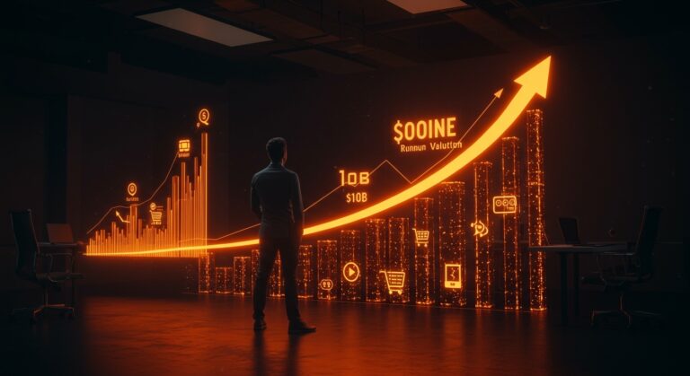 Fundadora de startup observando gráfico digital ascendente representando ronda de inversión Serie E de $500M y valoración de $10 mil millones de Quince en e-commerce lujo accesible.