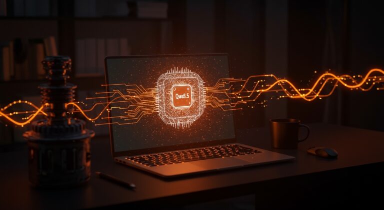 Qwen3.5 de Alibaba, modelo de IA open source en laptop con holograma de red neuronal que supera GPT-4o en benchmarks clave.