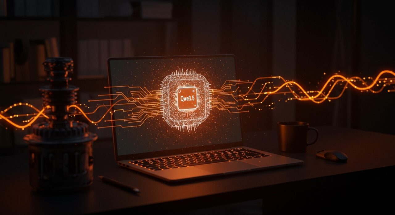Qwen3.5 de Alibaba, modelo de IA open source en laptop con holograma de red neuronal que supera GPT-4o en benchmarks clave.