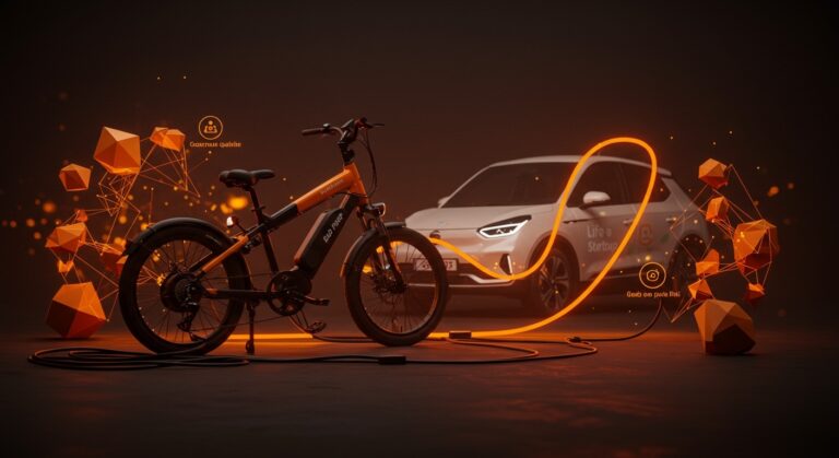 Adquisición de Rad Power Bikes por Life EV ilustrada con e-bikes y metáforas visuales de movilidad eléctrica y consolidación industrial.