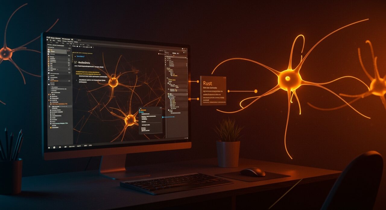 Representación visual de IA aplicada para automatizar creación de aplicaciones nativas open source con Rust y React en entorno escritorio.