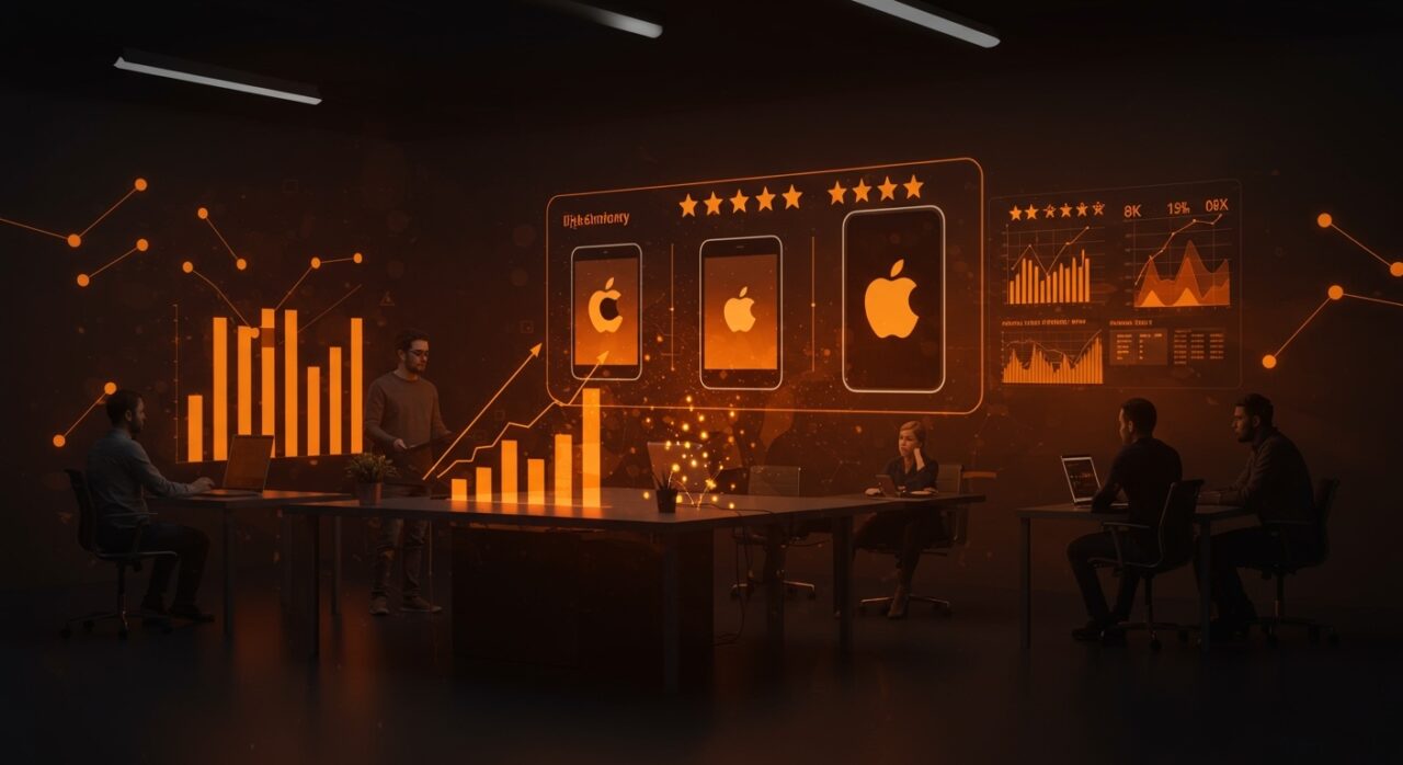 Ranking colaborativo de los mejores productos de Apple mostrando innovación y tendencias tecnológicas en un entorno de comunidad startup.