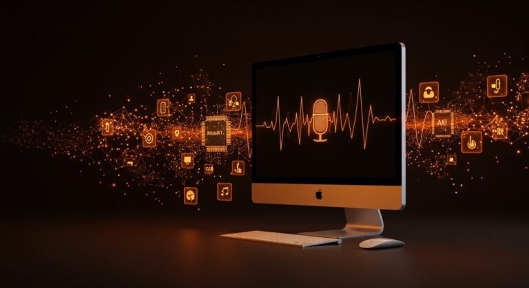 Computadora Apple Silicon mostrando procesamiento local de IA y voz con tecnología MetalRT en macOS para inferencia LLM y automatización por voz.