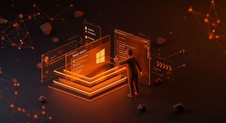 Menú de inicio de Windows 11 con integración tecnológica destacando React Native, WinUI y performance en el desarrollo de software.