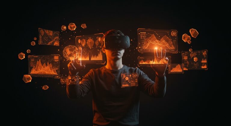 Fundador tecnológico usando realidad extendida y computación espacial, mostrando oportunidades para startups XR en mercado inmersivo 2026.