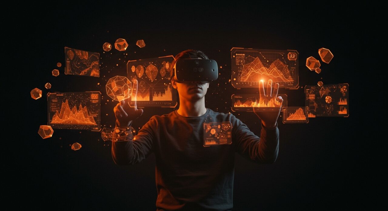 Fundador tecnológico usando realidad extendida y computación espacial, mostrando oportunidades para startups XR en mercado inmersivo 2026.