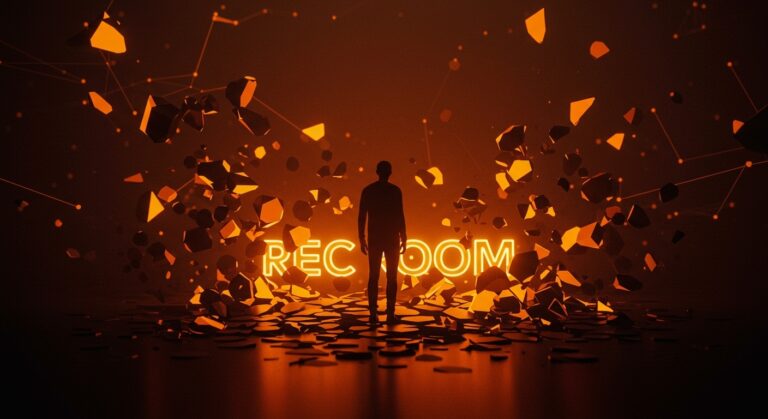 Cierre de Rec Room ilustrado con fundador tech y fragmentos digitales destacando tendencias en social gaming y experiencias virtuales.