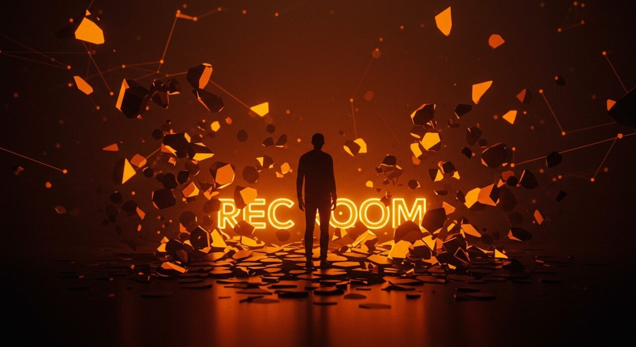 Cierre de Rec Room ilustrado con fundador tech y fragmentos digitales destacando tendencias en social gaming y experiencias virtuales.