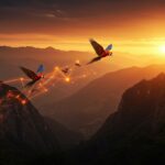 Guacamayos cruzando los Andes representando la red comercial preinca y la cultura Ychsma en la arqueología peruana.