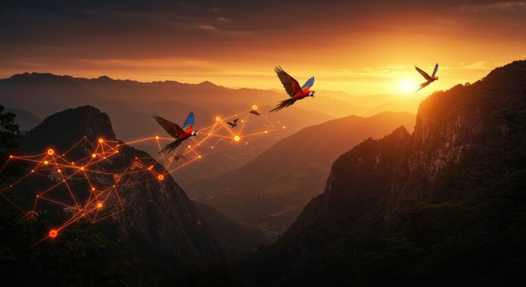 Guacamayos cruzando los Andes representando la red comercial preinca y la cultura Ychsma en la arqueología peruana.