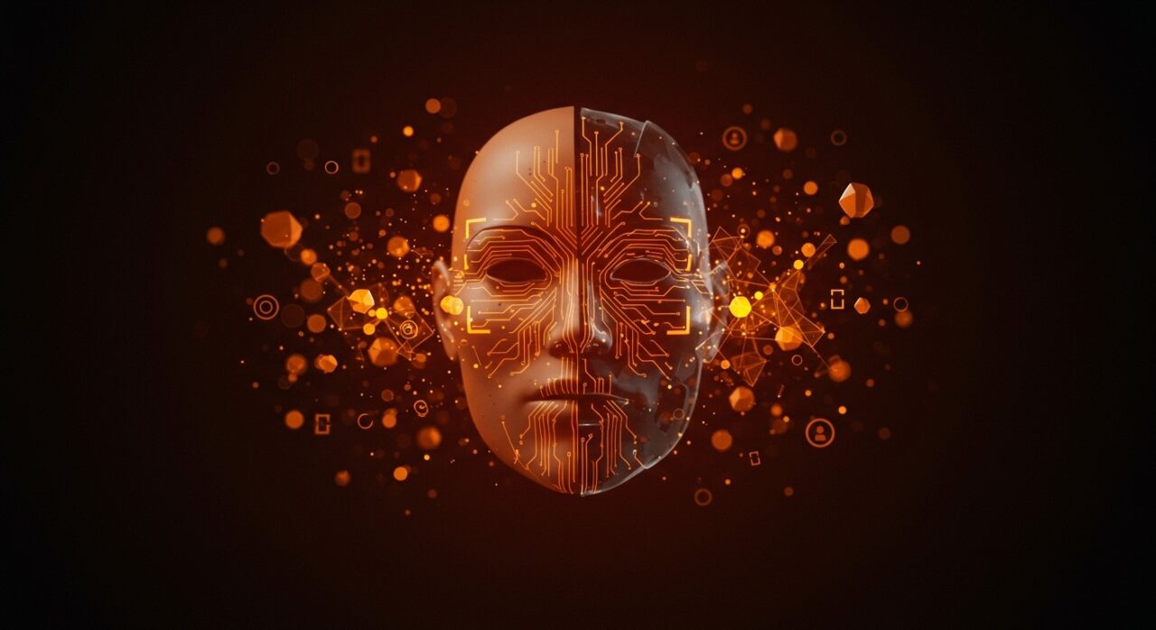 Interfaz digital con reconocimiento facial y escaneo biométrico en contraste con máscara de anonimato ilustrando la verificación de identidad y privacidad en Reddit.