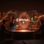 Founders tecnológicos colaborando con interfaz holográfica de Reflection AI y Nvidia, simbolizando inversión y valuación en startups de IA en LATAM.