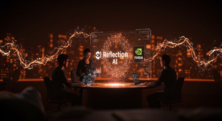 Founders tecnológicos colaborando con interfaz holográfica de Reflection AI y Nvidia, simbolizando inversión y valuación en startups de IA en LATAM.