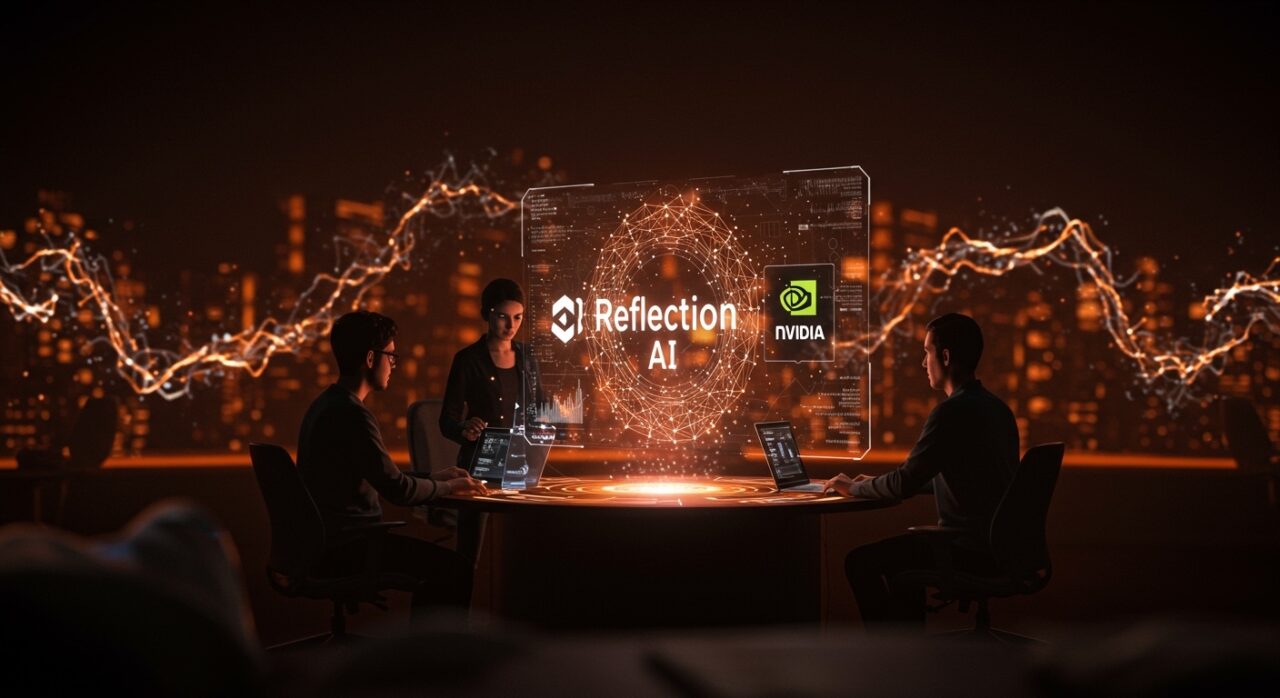 Founders tecnológicos colaborando con interfaz holográfica de Reflection AI y Nvidia, simbolizando inversión y valuación en startups de IA en LATAM.