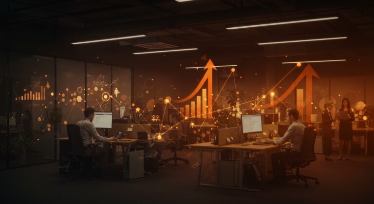 Escena de trabajo híbrido en oficina moderna destacando flexibilidad laboral, productividad y retención de empleados en mandatos de regreso a la oficina.