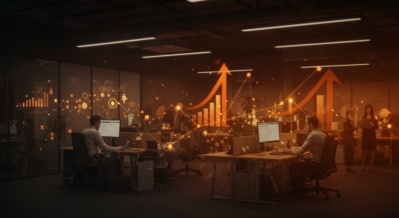 Escena de trabajo híbrido en oficina moderna destacando flexibilidad laboral, productividad y retención de empleados en mandatos de regreso a la oficina.