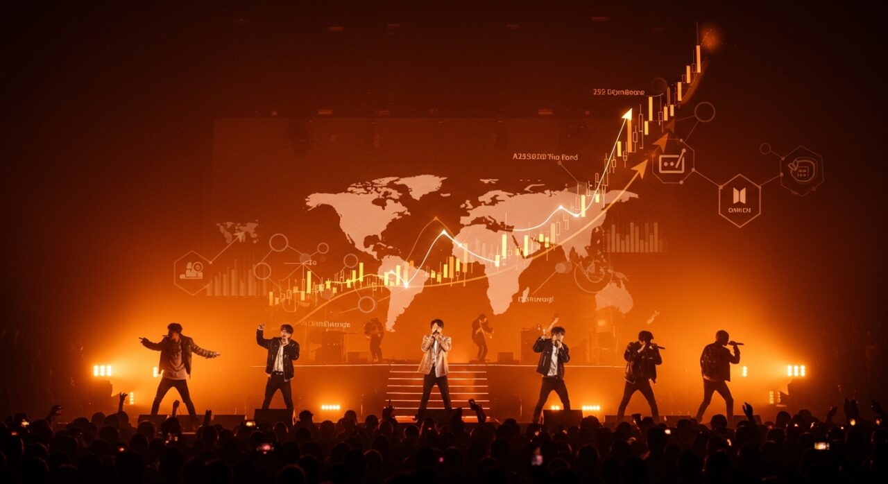 Escena futurista de BTS en concierto representando la innovación musical y el impacto macroeconómico global del K-pop, con elementos visuales de tecnología y mercado startup.