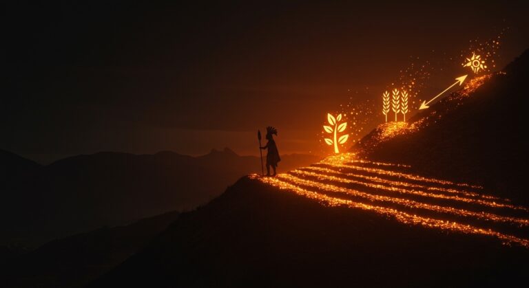 Representación visual del Reino Chincha dominando los Andes gracias al guano fertilizante natural y la agricultura sostenible preincaica en Perú.