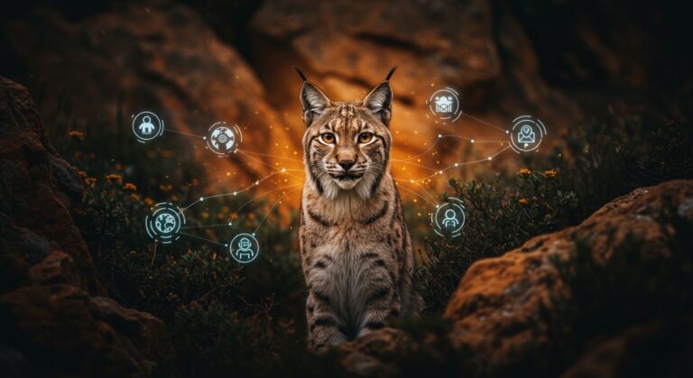 Lince ibérico en un paisaje de Aragón simbolizando conservación, biodiversidad y sostenibilidad en el contexto de startups y cambio climático.