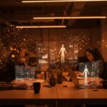 Workspace futurista con founders colaborando en interfaces holográficas, representando Relay, plataforma open-source para agentes autónomos de IA con gobernanza y automatización.