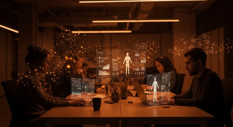 Workspace futurista con founders colaborando en interfaces holográficas, representando Relay, plataforma open-source para agentes autónomos de IA con gobernanza y automatización.