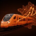 Tren de alta velocidad de Renfe avanzando hacia Francia con mapas digitales y líneas geométricas que simbolizan la liberalización del transporte y la expansión internacional.
