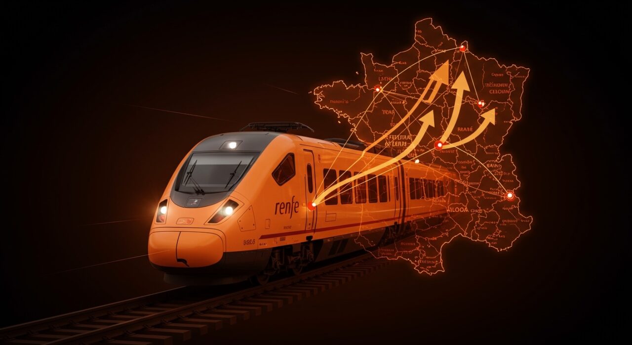 Tren de alta velocidad de Renfe avanzando hacia Francia con mapas digitales y líneas geométricas que simbolizan la liberalización del transporte y la expansión internacional.
