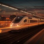 Tren AVE de alta velocidad en movimiento con iluminación cinematográfica en tonos naranja y negro, simbolizando la inversión de Renfe en movilidad sostenible y oportunidades para startups.