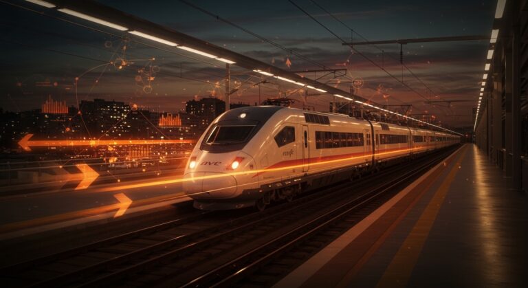 Tren AVE de alta velocidad en movimiento con iluminación cinematográfica en tonos naranja y negro, simbolizando la inversión de Renfe en movilidad sostenible y oportunidades para startups.
