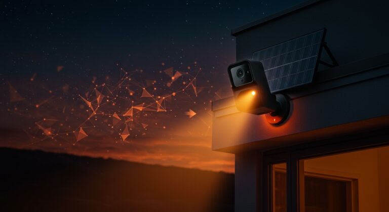Cámara solar Reolink Solar Floodlight Cam para vigilancia exterior inteligente con IA on-device sin cuotas, destacando seguridad doméstica y tecnología IoT.