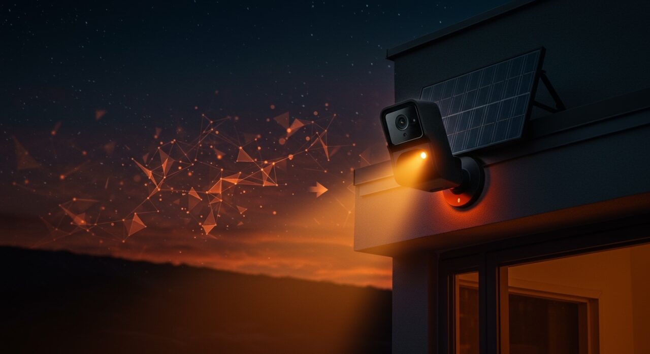 Cámara solar Reolink Solar Floodlight Cam para vigilancia exterior inteligente con IA on-device sin cuotas, destacando seguridad doméstica y tecnología IoT.