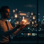 Founder tecnológico interactuando con inteligencia artificial de voz personalizable en Europa, simbolizando funding, privacidad y modelo SaaS en startups europeas.