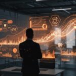 Director financiero frente a un panel digital con inteligencia artificial y automatización financiera en un entorno de transformación digital para startups y pymes.