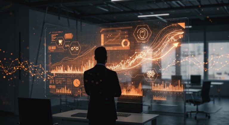 Director financiero frente a un panel digital con inteligencia artificial y automatización financiera en un entorno de transformación digital para startups y pymes.