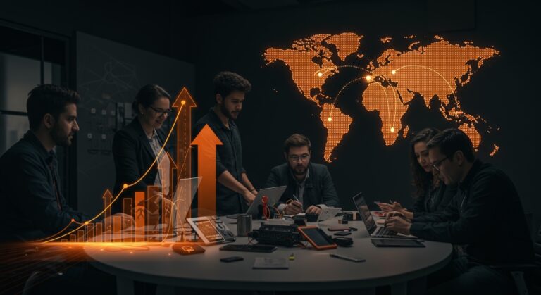 Emprendedores latinoamericanos colaborando con dispositivos electrónicos reacondicionados, ilustrando la innovación sostenible en el ecosistema startup impulsada por Endeavor.