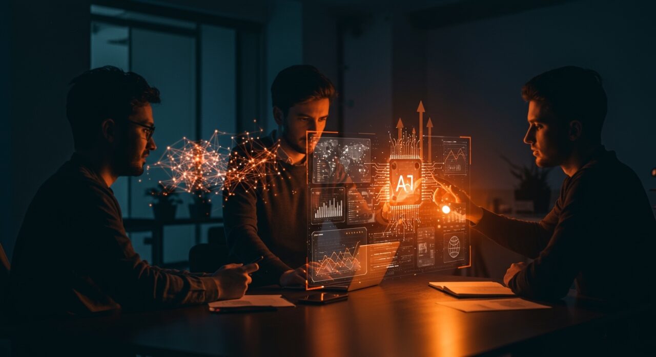 Equipo de startup colaborando en software personalizado impulsado por inteligencia artificial y automatización.