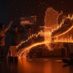 Equipo de fintech Rexi celebrando ronda pre-seed de US$1,2M en Argentina con gráficos financieros holográficos y metáforas visuales de ecosistema startup en LATAM.