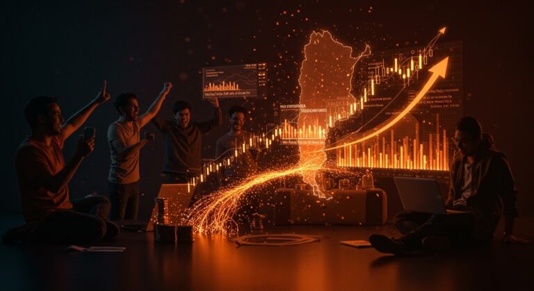 Equipo de fintech Rexi celebrando ronda pre-seed de US$1,2M en Argentina con gráficos financieros holográficos y metáforas visuales de ecosistema startup en LATAM.