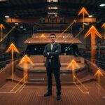 Richard Liu en un yate moderno representando la fabricación masiva y yates económicos en China con innovación y sostenibilidad.