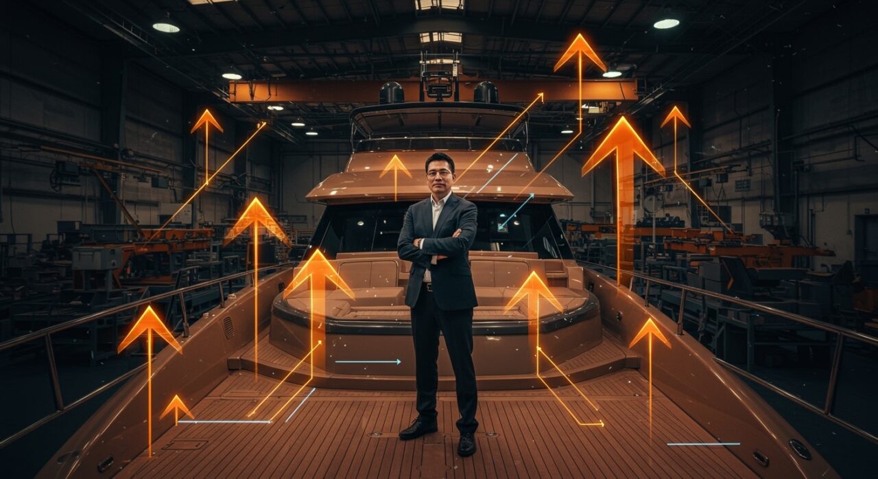 Richard Liu en un yate moderno representando la fabricación masiva y yates económicos en China con innovación y sostenibilidad.