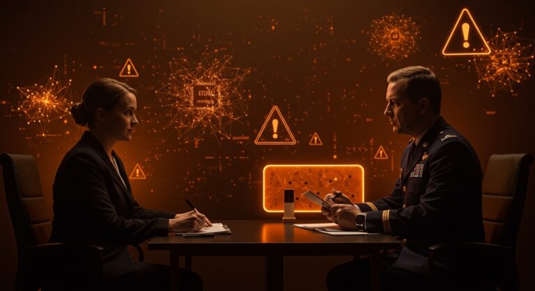 Imagen conceptual de riesgos regulatorios en inteligencia artificial protagonizada por Anthropic y el Departamento de Defensa, destacando ética y seguridad nacional en startups tech.