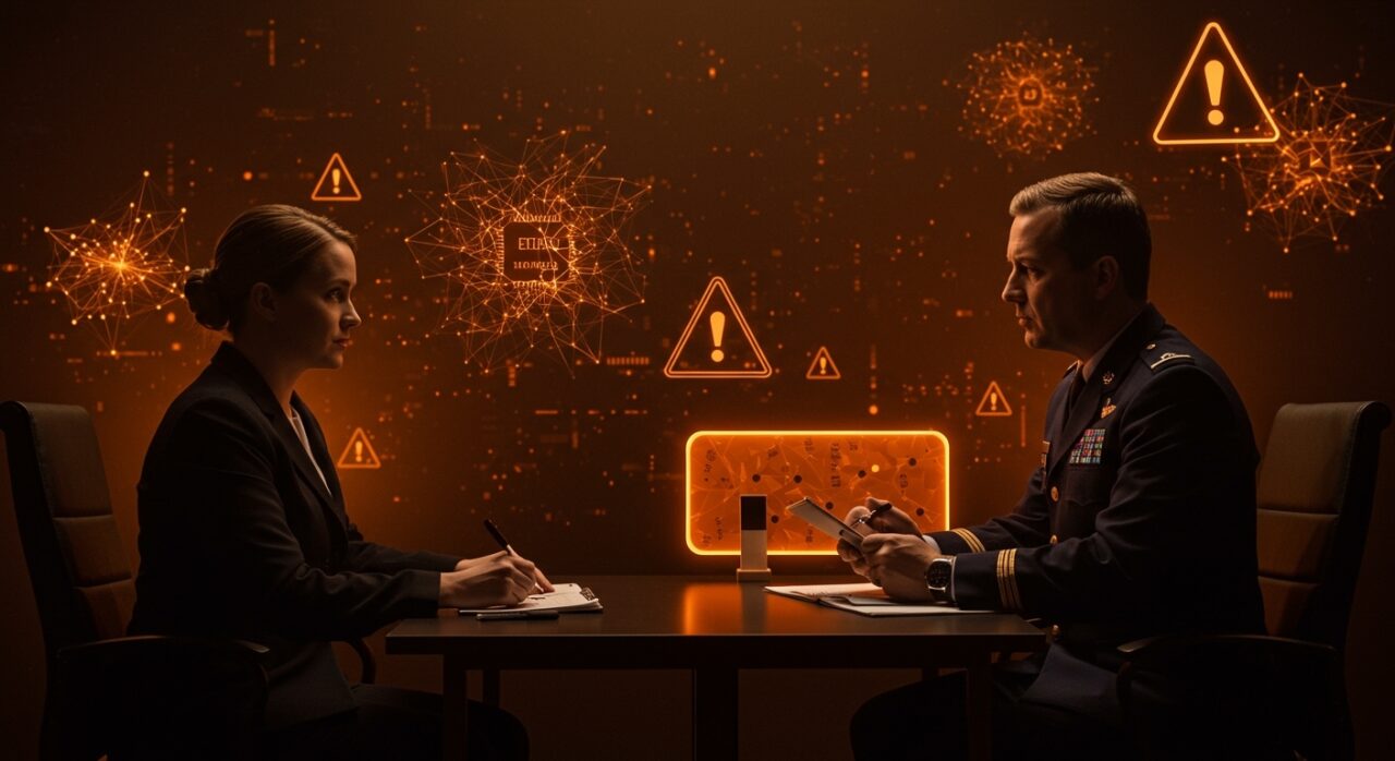 Imagen conceptual de riesgos regulatorios en inteligencia artificial protagonizada por Anthropic y el Departamento de Defensa, destacando ética y seguridad nacional en startups tech.