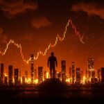 Concentración de riqueza global con figura de élite y metáforas visuales de crash de mercado e inteligencia artificial en contexto económico.